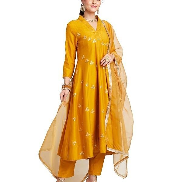 Amazon Brand - Myx Women's Embroidered Anarkali Kurta Set with Organza Dupatta | Latest Design | Available in Plus Sizes