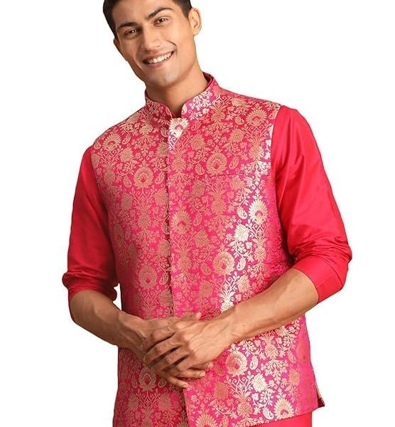 VASTRAMAY Men's Jaquard Nehru Jacket | Valentino Pink Edgy Jacquard Nehru Jacket For Men