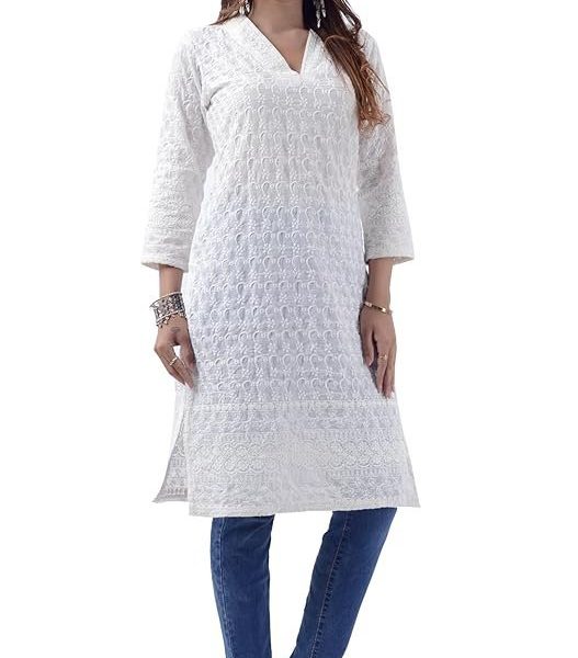 Tromboo Hand Chikan Allover Embroidery White V Neck Glaze Cotton Kurti for Women