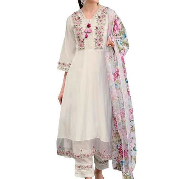 INDO ERA Women's Silk Blend Embroidered A-Line Kurta Pant with Dupatta Set