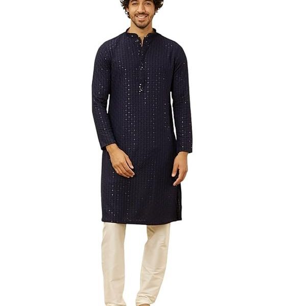 Manyavar Men's Viscose Chikankari Kurta Pyjama Set