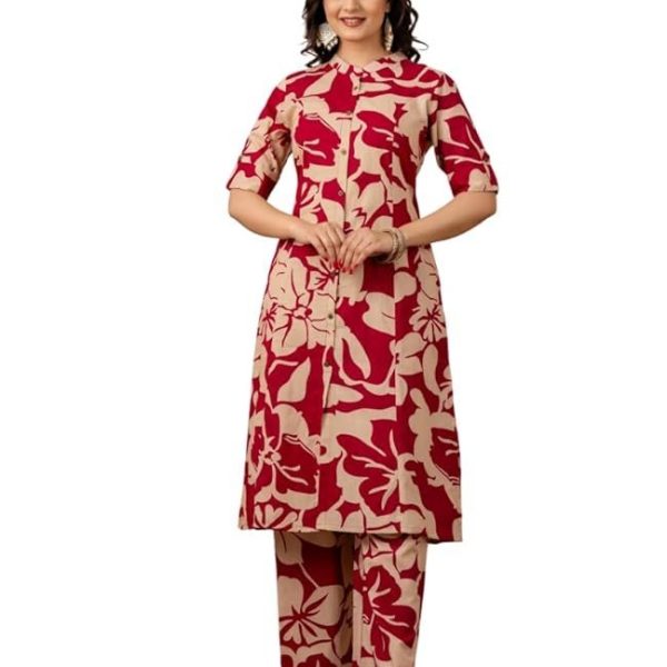 MF Hayat Women Pure Cotton Printed Long Front Slit Kurta and Pant Set Co-Ords Set for Women