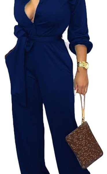 SxClub Jumpsuits for Women Formal Sexy Elegant Long Straight Pants Busineess Party Jumpsuit with Belt Pockets, Dark Blue, Small