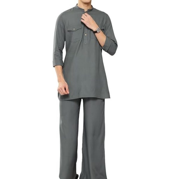 See Designs Men's Long Sleeve Curved Hem Mandarin Collar Rayon Solid Pathani Sets