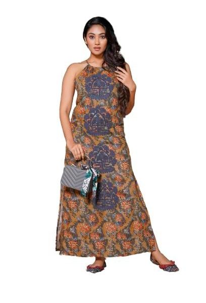 THREAD GAME Upscaled - Organic Soft Linen Printed Hand Embroidered Coffee Colour Backless Dress for Women