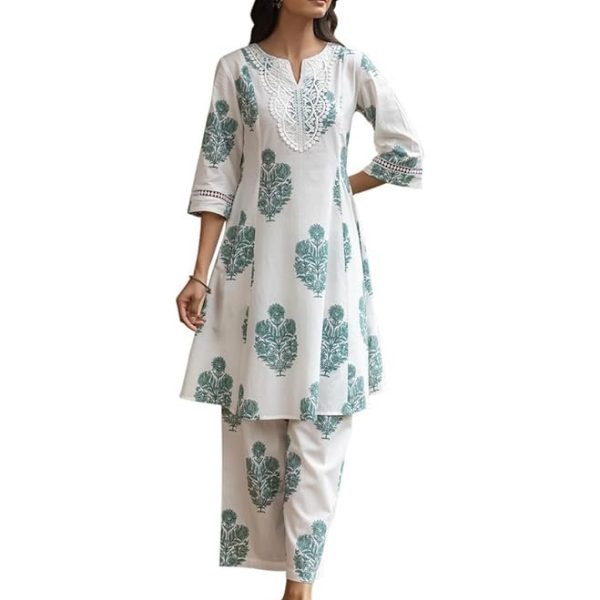 FIORRA Women's White Cotton Flared Kurta Set
