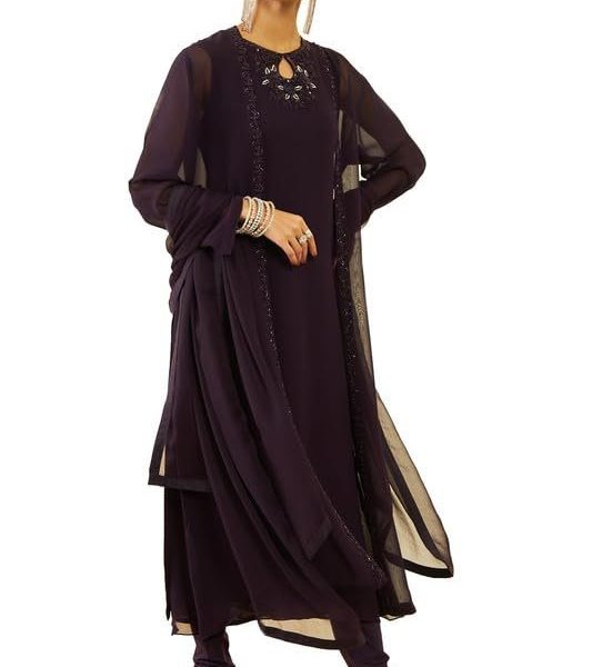 Soch Womens Wine Georgette Beadwork Embellished A-Line Chudidar Suit Set with Shrug