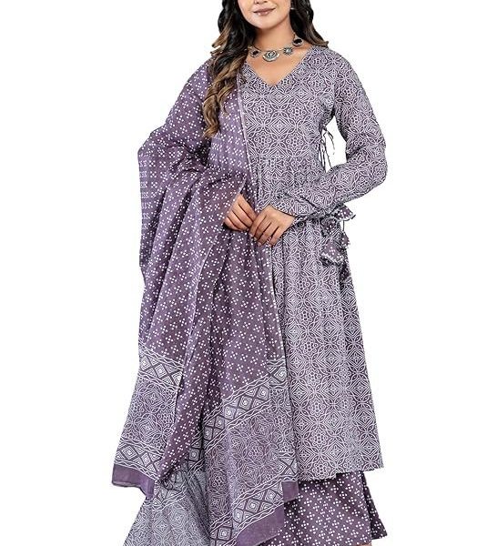 Amayra Women's Pure Cotton Printed Anarkali Kurta Set with Palazzo Pants & Dupatta- Ethnic Wear