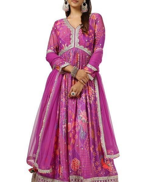 Soch Womens Purple Viscose Crepe Floral Print Gown with Gotta Patti