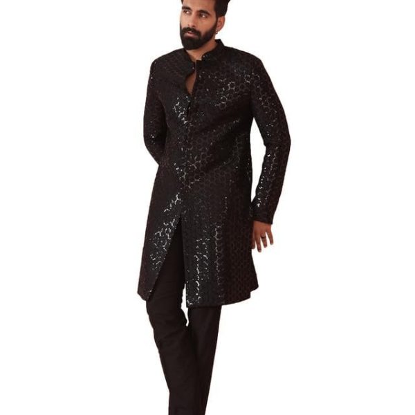 KISAH Men Black Embellished Indowestern Sherwani Trouser Set with Sequinned