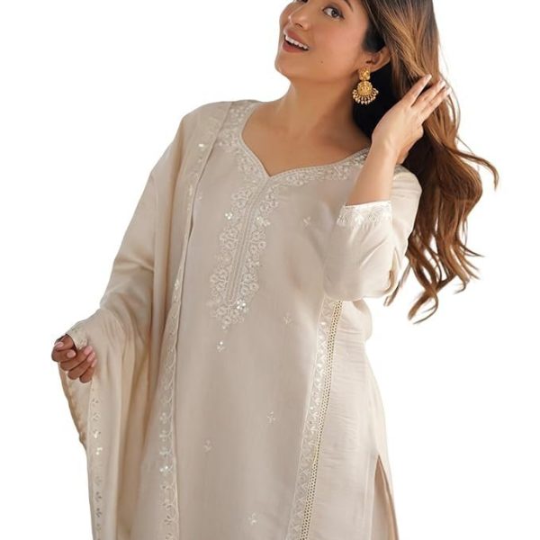 SKYLEE Women's Silk Embroidery and Lace Straight Kurta with Pant & Dupatta