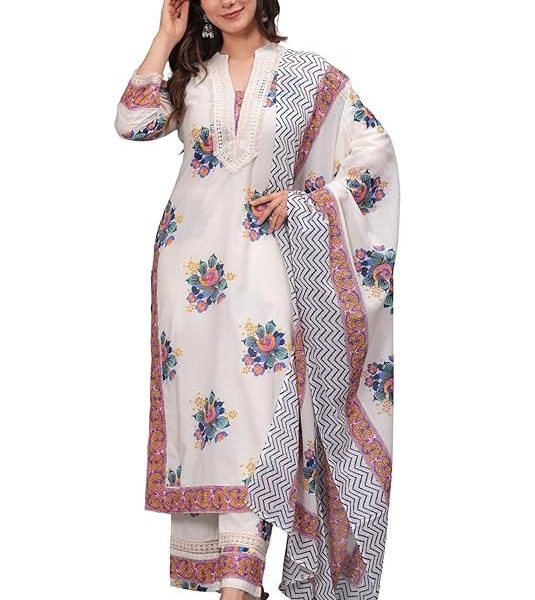 Amayra Women's Pure Cotton Printed Straight Kurta Set with Palazzo Pants & Dupatta- Ethnic Wear, White