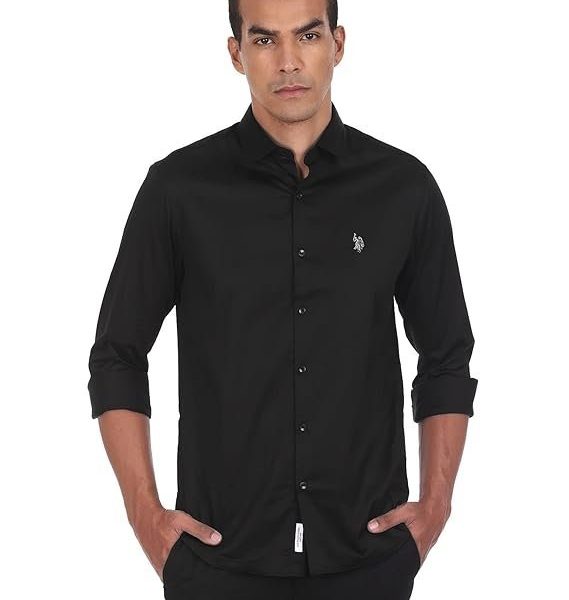 U.S. POLO ASSN. Men's Cotton Stretch Fit Solid Satin Stretch Spread Collar Barrel Cuff Casual Shirt