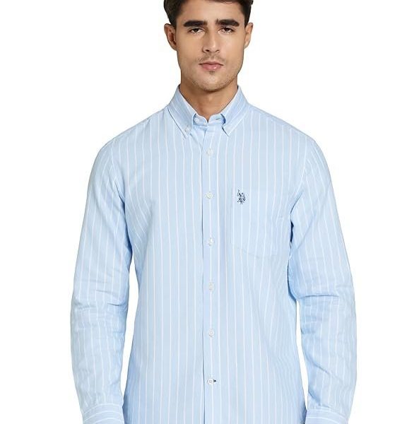 U.S. POLO ASSN. Men's Yarn Dyed Oxford Stripe Spread Collar Full Sleeve Shirts