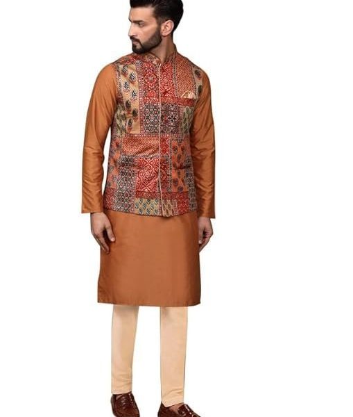 KISAH Mens Kurta Jacket Trouser Set, Long Sleeves Printed Mandarin Silk Blend Collar, Multi Ethnic Wear Set for Men