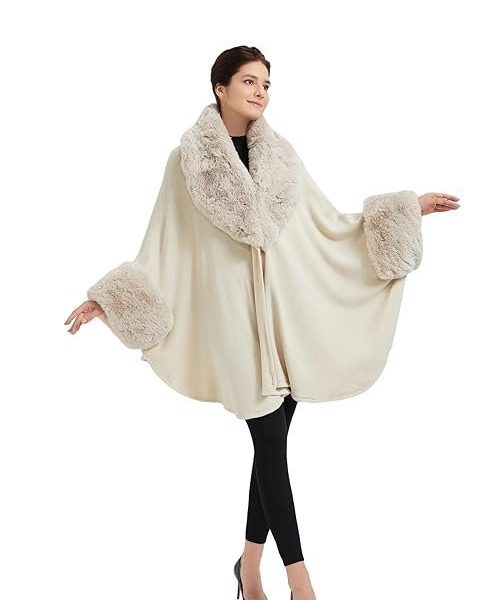 SUFCOMOU Women Cape Poncho with Fur Trim Winter Faux Fur Shawl Wrap Coat Sleeveless Cardigan Cloak