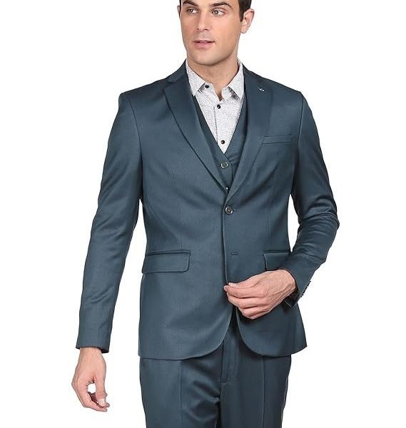 Arrow Cotton Men Dark Green Reversible Waistcoat Notch Lapel Collar Formal Suit Business Pants Set