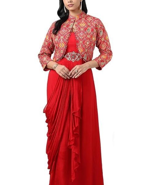 Soch Women Red Chinon Bandhani Print Gown with Sequins