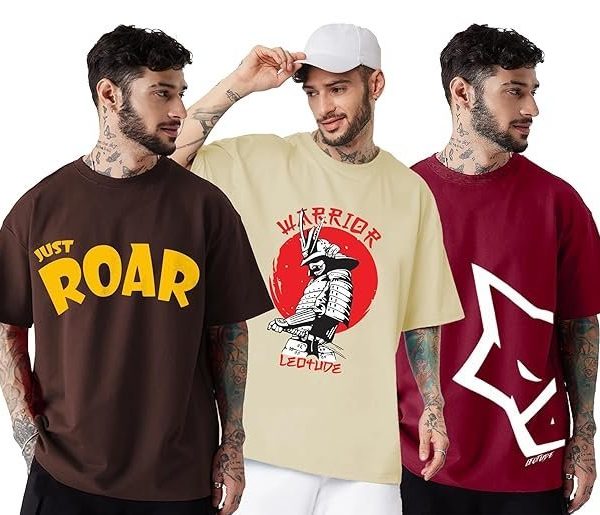 LEOTUDE Men's Cotton Regular Fit Half Sleeve Oversized Tshirt, Round Neck Longline Drop Shoulder | ful Printed Combo T-Shirt