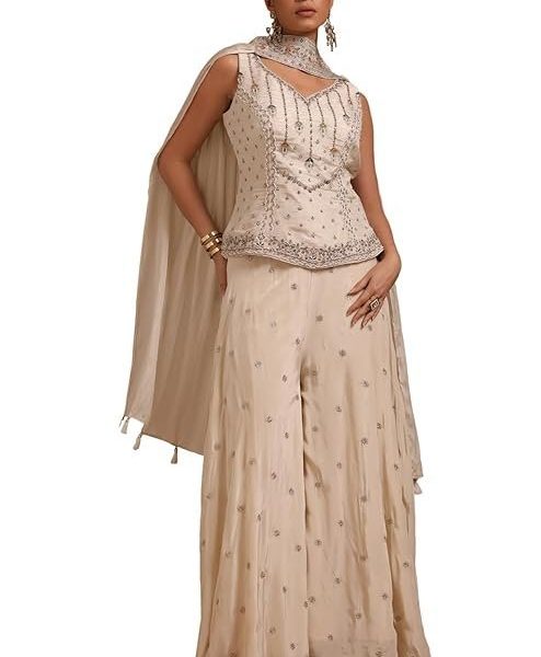 Soch Womens Off White Viscose Blend Suit Set With Beads And Stones