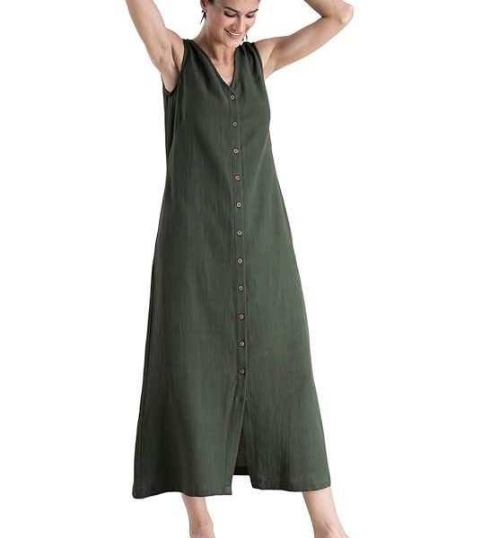 FableStreet Cotton Button Down A-Line Dress - Olive