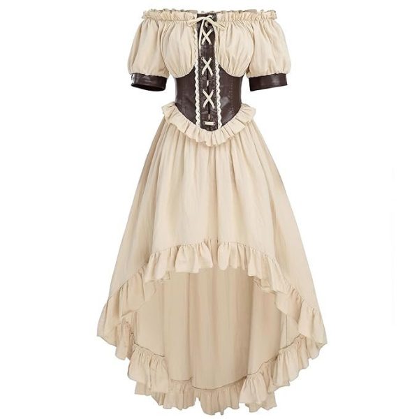 FCCAM Renaissance Dress Women Pirate Costume Ruffle Peasant High Low Dress
