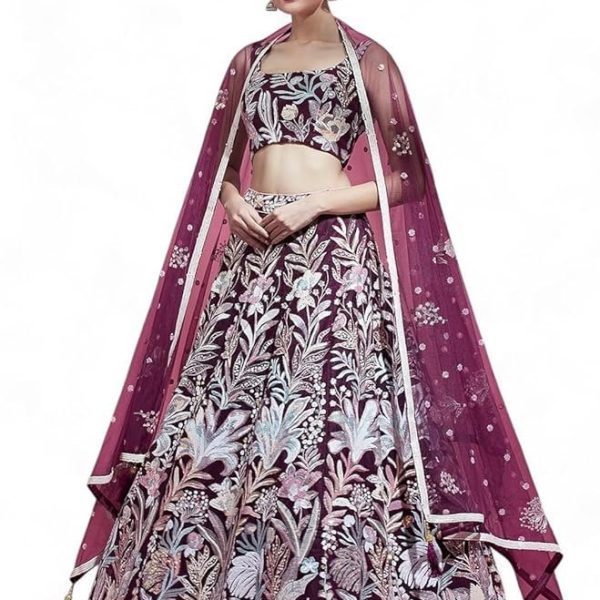 Zeel Clothing Women's Net Sequins Embroidered Soft Net Semi Stitched Lehenga Choli With Dupatta (6032-Wine-Wedding-Stylish-Lehenga-Choli-Latest; Free Size), Multicolor
