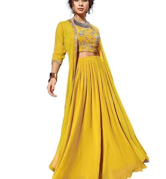 TRENDMALLS Women's Georgette Embroidery Crop Top with Flared Palazzo and Shrug Set