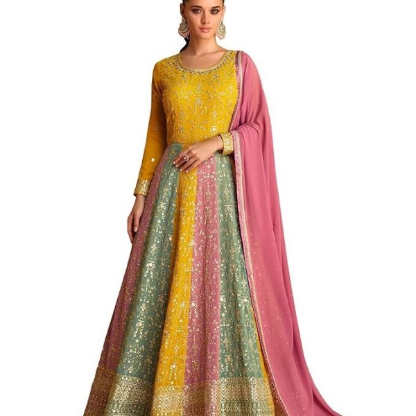 Miss Ethnik Women's Yellow Faux Georgette Stitched Top with Dupatta Full Sleeve Embroidered Anarkali Gown