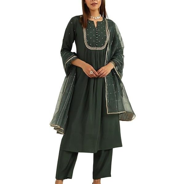FIORRA Women's Green Viscose Chanderi A-line Kurta with Pant and Dupatta