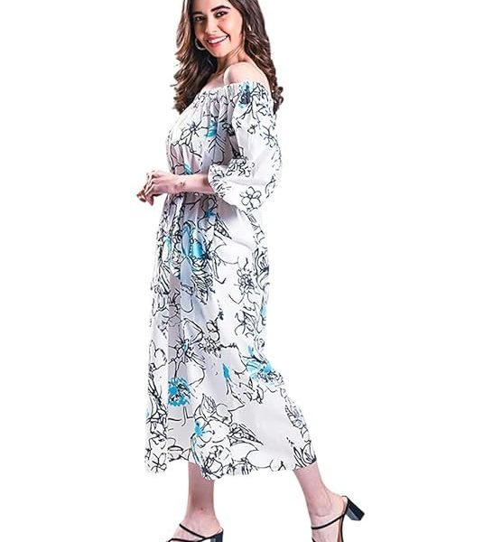 Mala Singh The Sundower Bardot Women's Floral Off-Shoulder Midi Dress, 3/4 Sleeve, White with Black Print, Casual Summer Wear