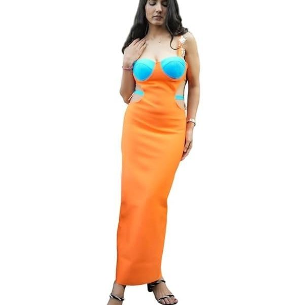 Haute Amore Callista Cutout Long Party Dress Bold Orange & Blue Color Block Cut-Out Bodycon Maxi Dress