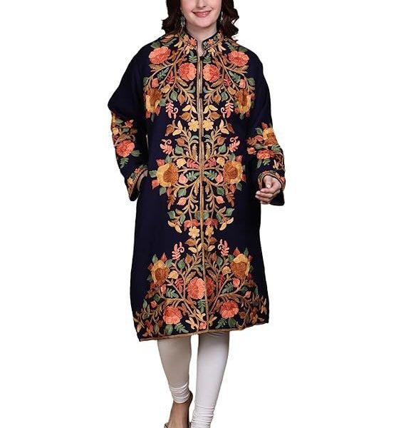 Exotic India Women's Kashmir Wool Long Jacket with Multicolor Floral Aari Embroidered | Beautiful Flower Embroidery Long Woolen Jacket, Coat For Winter
