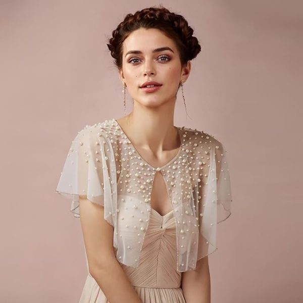 Mopmap Pearls Wedding Capes Shawl Wrap Shrug Bridal Evening Dress Jackets Flapper Bolero Cover Up for Party Formal