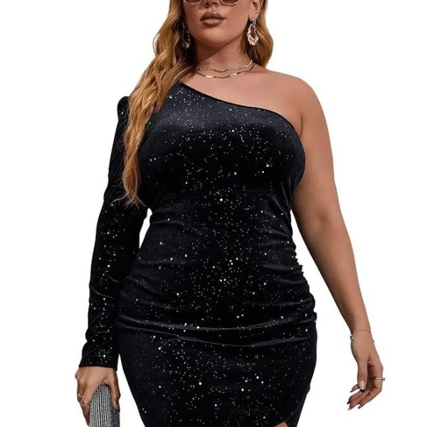 SOLY HUX Women's Plus Size One Shoulder Long Sleeve Ruched Wrap Velvet Bodycon Dress