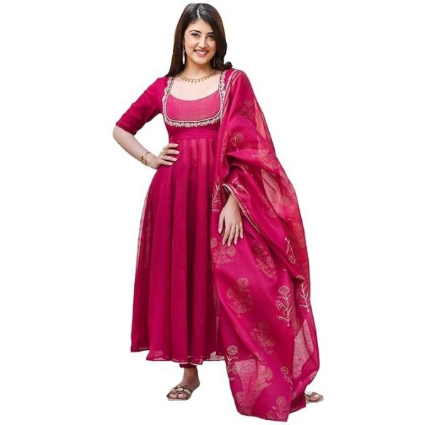GoSriKi Women's Rayon Viscose Embroidered Anarkali Kurta with Pant & Dupatta