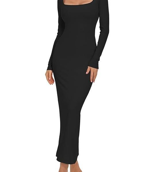 Relety Women's Bodycon Maxi Dresses Ribbed Long Sleeve Lounge Long Dress Square Neck Formal Casual Dresses for Women