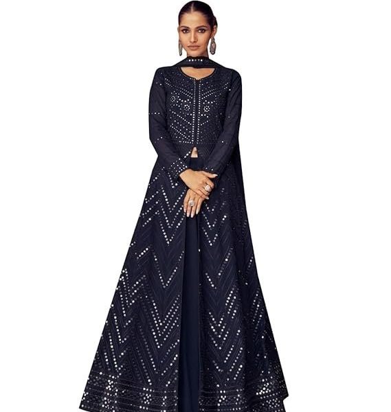 TRENDMALLS Women's Georgette Embroidery Anarklai Suit Set Kurta Lehenga with Dupatta Blue Kurta Set for Women