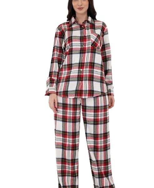LUXELIV Women's Cotton Red and White Twill Check | Long Sleeve Shirt with Elastic Pyjama Set | Comfortable Fit Night Suit | Lounge Wear Sleepwear