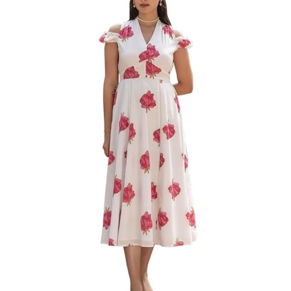 FIORRA Women's White Floral Print Cotton Midi Dress
