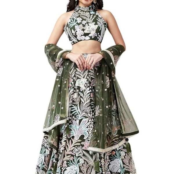 Zeel Clothing Women's Net Sequins Embroidered Soft Net Semi Stitched Lehenga Choli With Dupatta