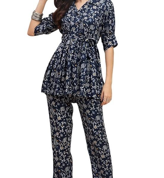 RICHIK Women's Collared Cord Set|Kurta Set for Women|Printed Kurta with Pant for Women