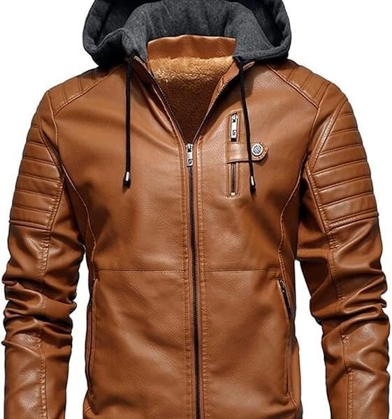 Pomo-Z Men’s Casual Stylish Premium PU Leather Zip-Up Motorcycle Bomber Jacket With a Removable Hood