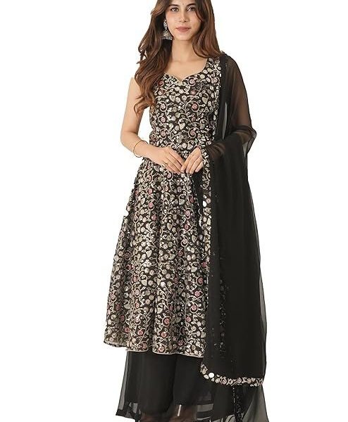 Roy Creation Women's Embroidered Anarkali with Pallazo | Embroidered Georgette | Black with Multicolor Embroidery | At-tude Design Studio