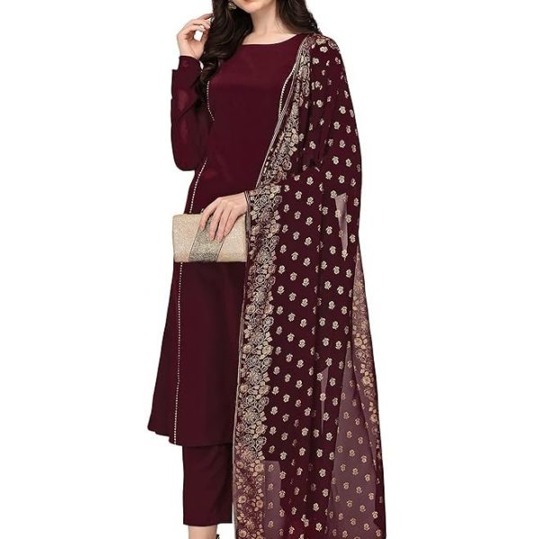 FIORRA Women's Maroon Poly Crepe A-Line Kurta Set With Dupatta