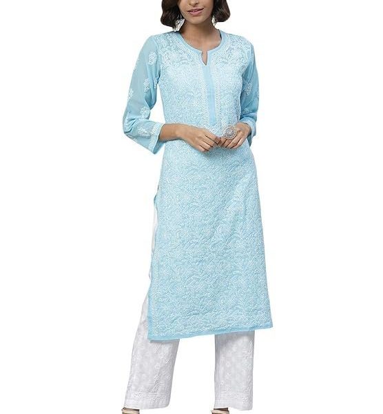 Ada Women's Hand Embroidered Lucknow Chikankari Georgette Kurta with Palazzo