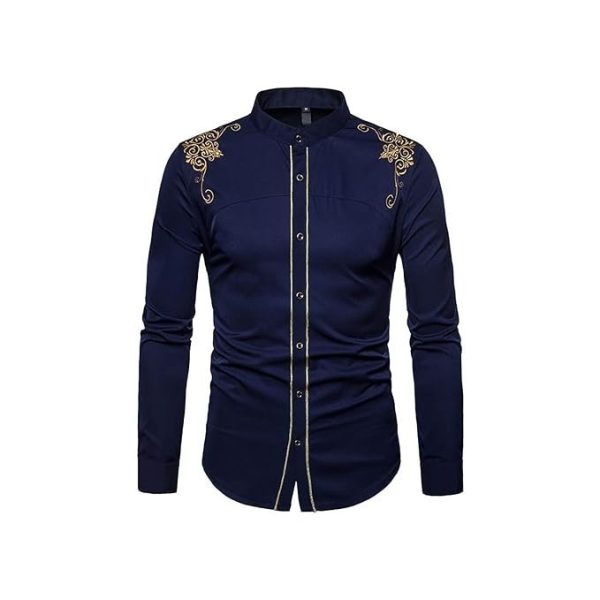 ZAFONI Men Shirts, Spring Style Solid Floral Embroidered Solid Dress Shirts Slim Fit Casual Long Sleeve Shirt