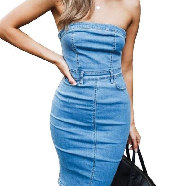 SEMATOMALA Women's Sexy Denim Dress One Piece Strapless Sleeveless Bodycon Jeans Tube Midi Dress Club Outfits with Pockets, blue, S