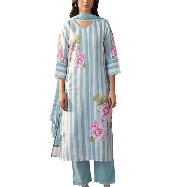 INDO ERA Women's Straight Linen Floral Print with Beads Work Kurta Pant with Dupatta Set