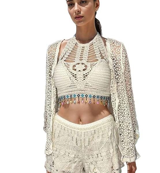ICW Women's Leisure Boho Crochet Crop Halter Neck Top Backless Lace-up Low Rise Shorts Light Jacket Shorts Cardigan Suit Beachwear Bikini Set Three-Peice Swimsuit Co-ord Set